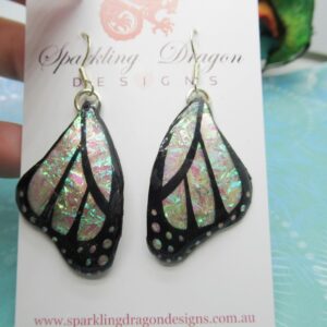 Butterfly Wings Earrings Colour Shift Pink & Green and Spots - Fairy Jewellery, Fairy Wing Earrings - Sparkly  - Resin with Glitter Finish
