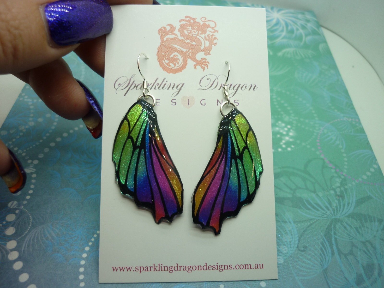 Butterfly Wing Earrings Green Purple Rainbow - Fairy Jewellery, Fun Gift for her Fairy Wing Earrings - Sparkly - Resin with Glitter Finish - Image 2