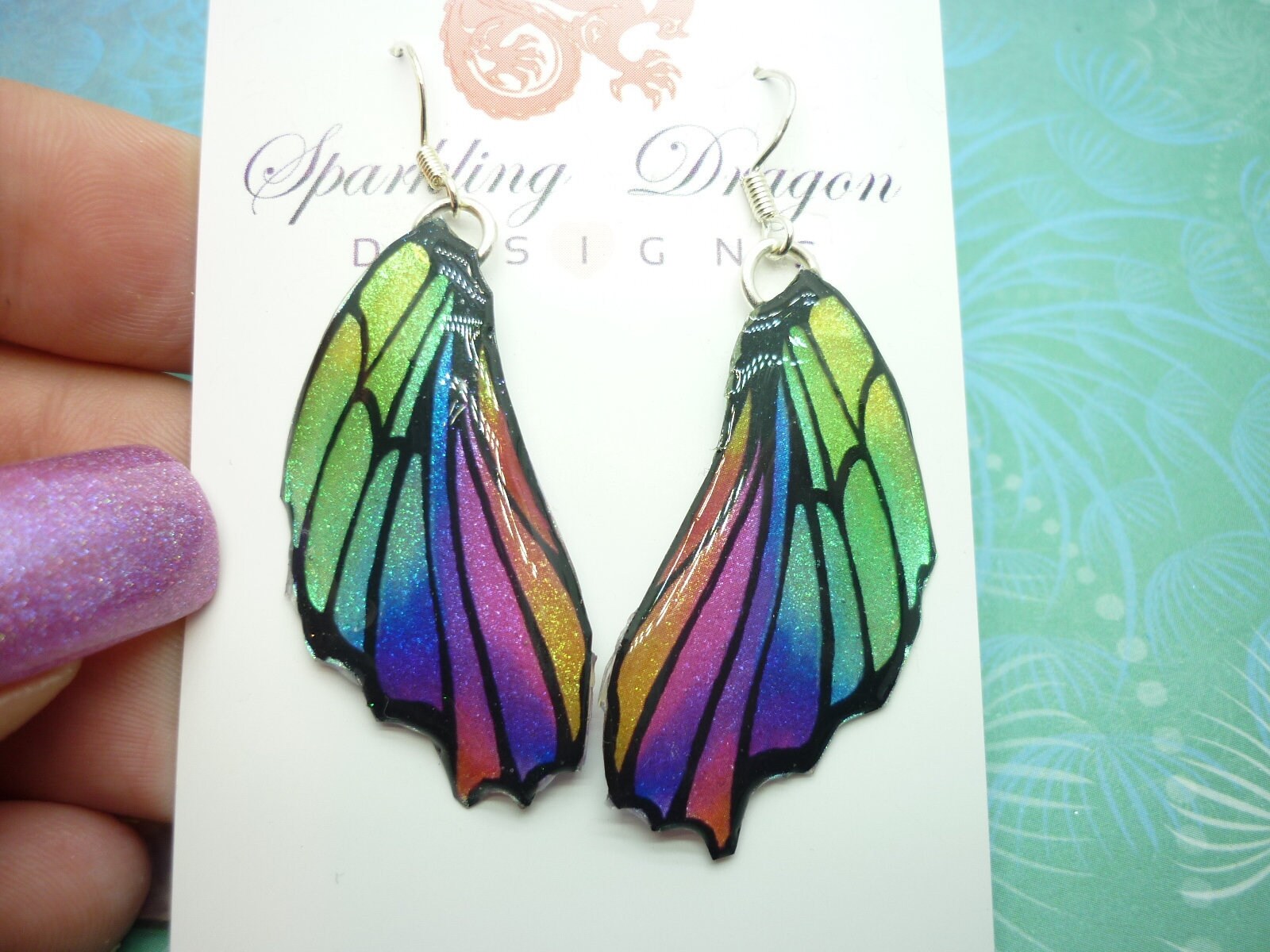 Butterfly Wing Earrings Green Purple Rainbow - Fairy Jewellery, Fun Gift for her Fairy Wing Earrings - Sparkly - Resin with Glitter Finish - Image 4
