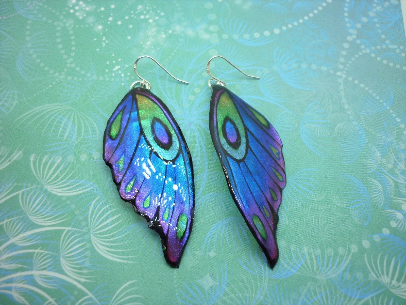 Butterfly Wing Earrings Blue Purple Green Fairy Jewellery, Fun Gift for her Fairy Wing Earrings - Sparkly - Resin with Glitter Finish - Image 2