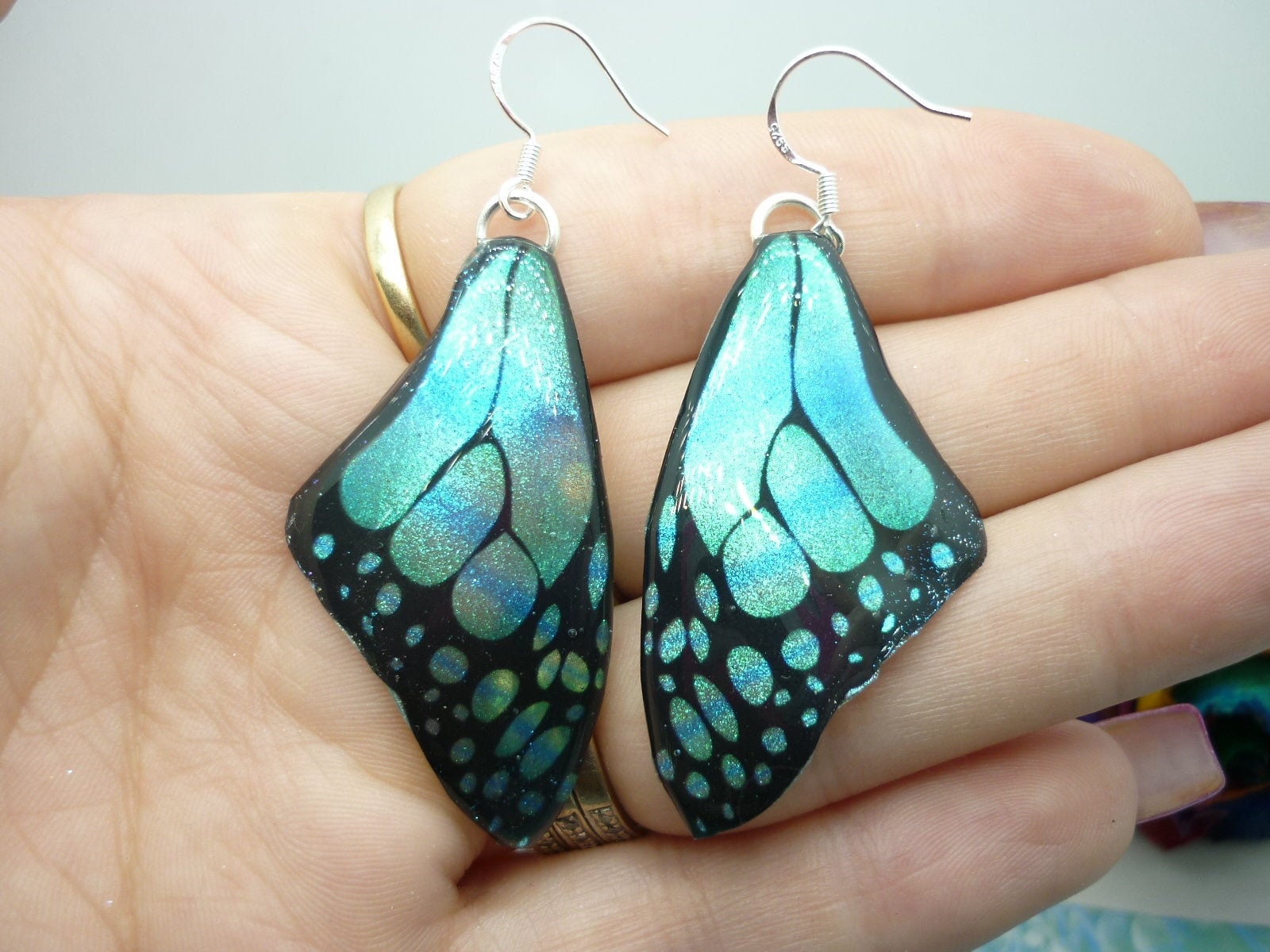Butterfly Wing Medium Size Earrings Soft Blue Stained Glass- Fairy Jewellery, Fairy Wing Earrings - Sparkly - Resin with Glitter Finish - Image 3