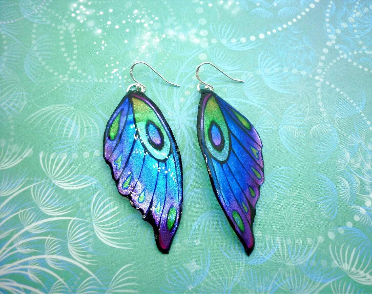 Butterfly Wing Earrings Blue Purple Green Fairy Jewellery, Fun Gift for her Fairy Wing Earrings - Sparkly - Resin with Glitter Finish - Image 3