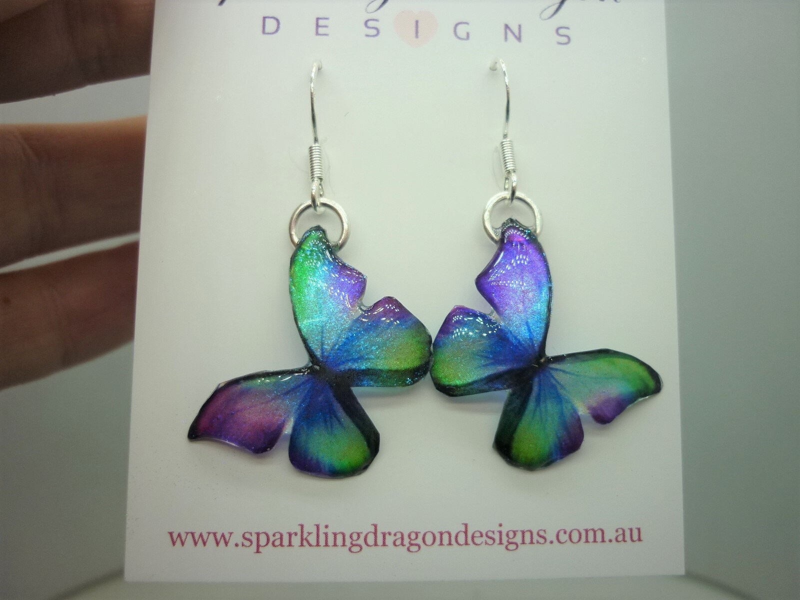 Little Butterfly Earrings Green, Blue, Purple - Fairy Jewellery, Fun Gift for her Fairy Wing Earrings - Sparkly - Resin with Glitter Finish - Image 2