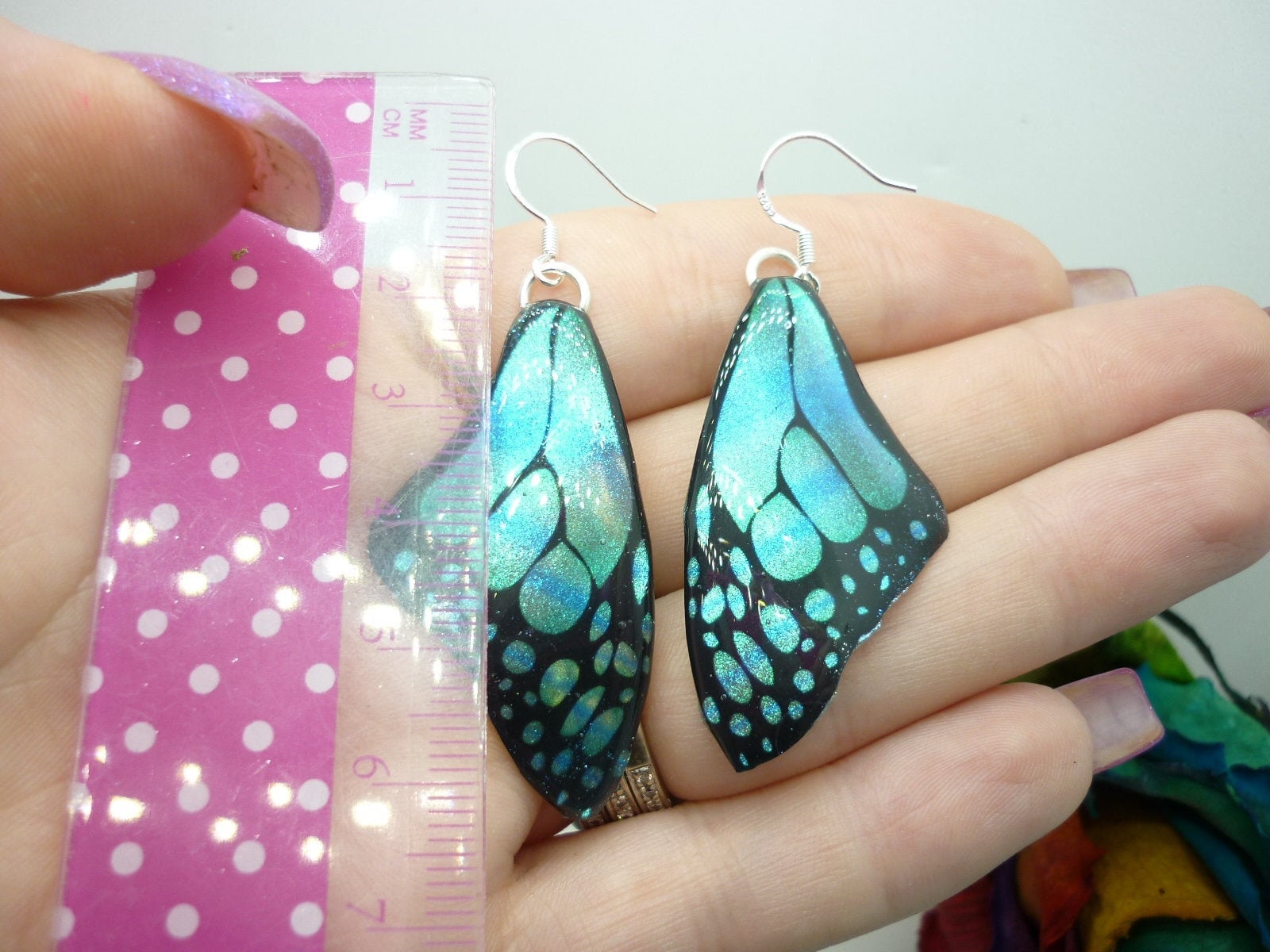 Butterfly Wing Medium Size Earrings Soft Blue Stained Glass- Fairy Jewellery, Fairy Wing Earrings - Sparkly - Resin with Glitter Finish - Image 4