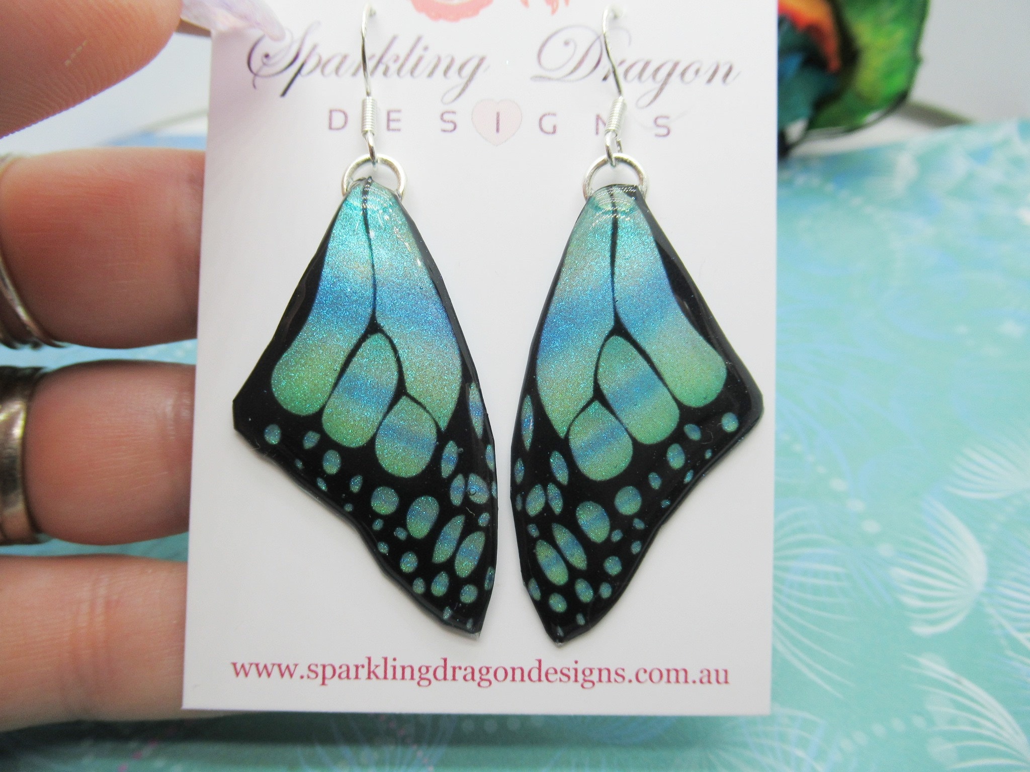 Butterfly Wing Medium Size Earrings Soft Blue Stained Glass- Fairy Jewellery, Fairy Wing Earrings - Sparkly - Resin with Glitter Finish - Image 5