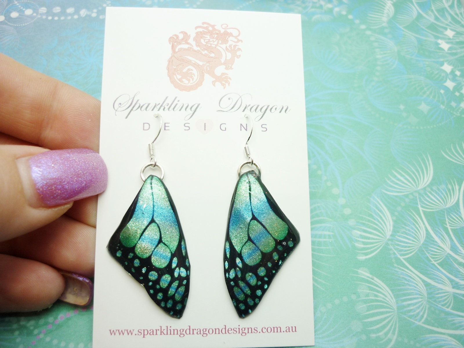 Butterfly Wing Medium Size Earrings Soft Blue Stained Glass- Fairy Jewellery, Fairy Wing Earrings - Sparkly - Resin with Glitter Finish - Image 6