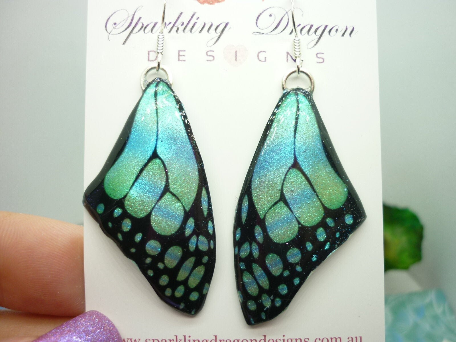 Butterfly Wing Medium Size Earrings Soft Blue Stained Glass- Fairy Jewellery, Fairy Wing Earrings - Sparkly - Resin with Glitter Finish - Image 7