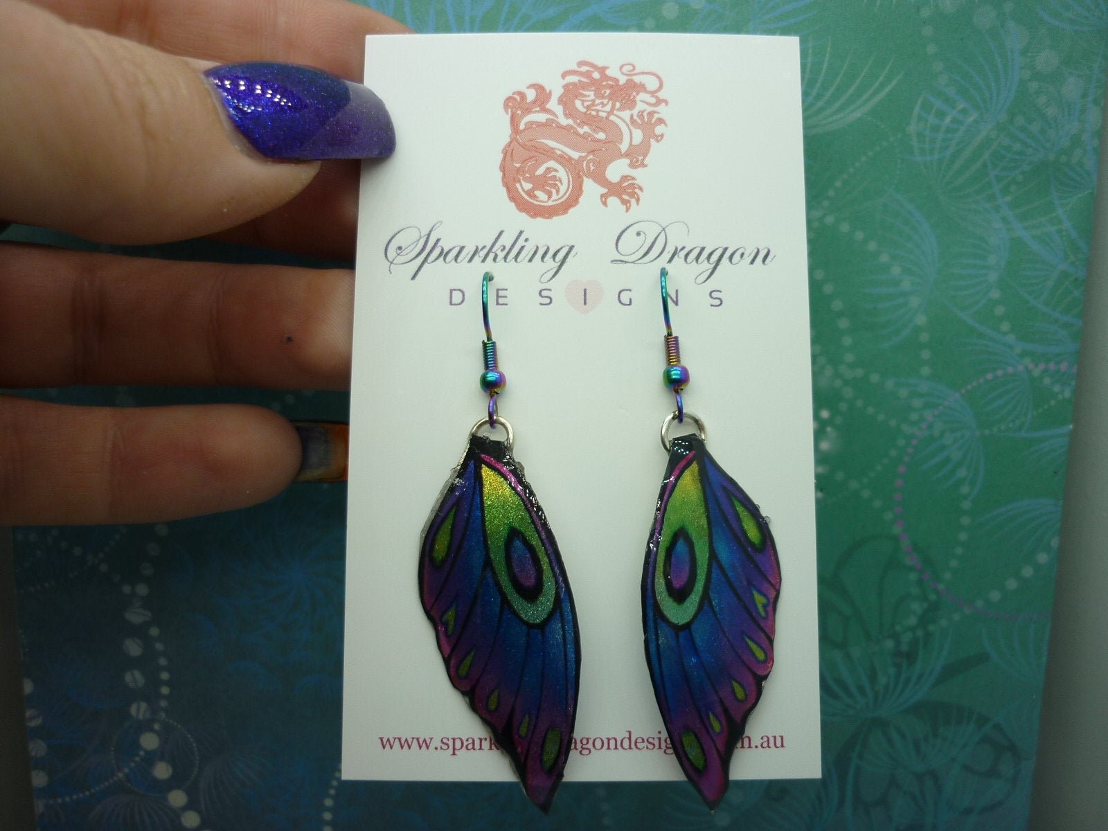 Butterfly Wing Earrings Blue Purple & Pink - Fairy JewelleryFairy Wing Earrings - Sparkly - Resin with Glitter Finish Large - Image 2
