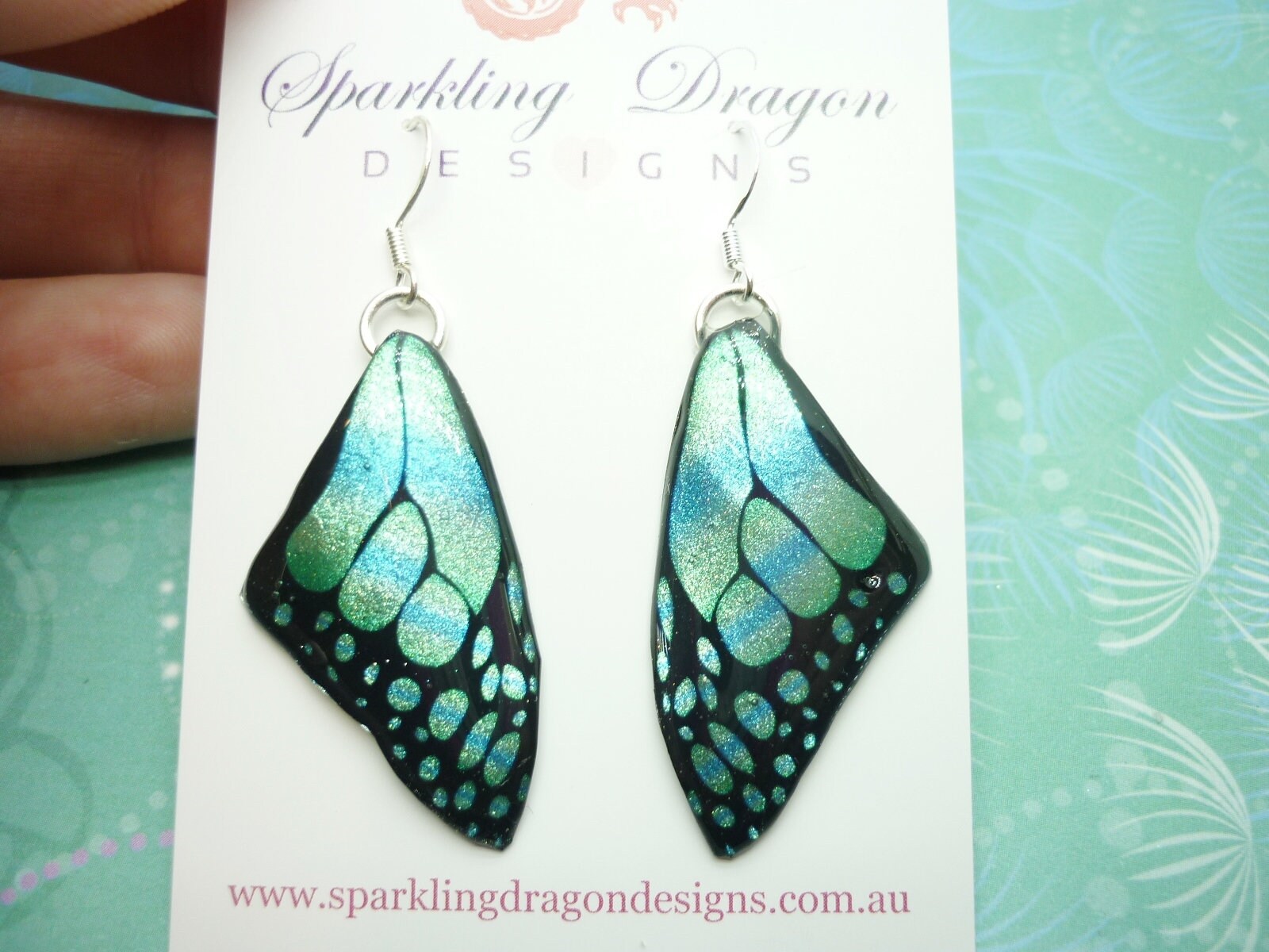 Butterfly Wing Medium Size Earrings Soft Blue Stained Glass- Fairy Jewellery, Fairy Wing Earrings - Sparkly - Resin with Glitter Finish - Image 8