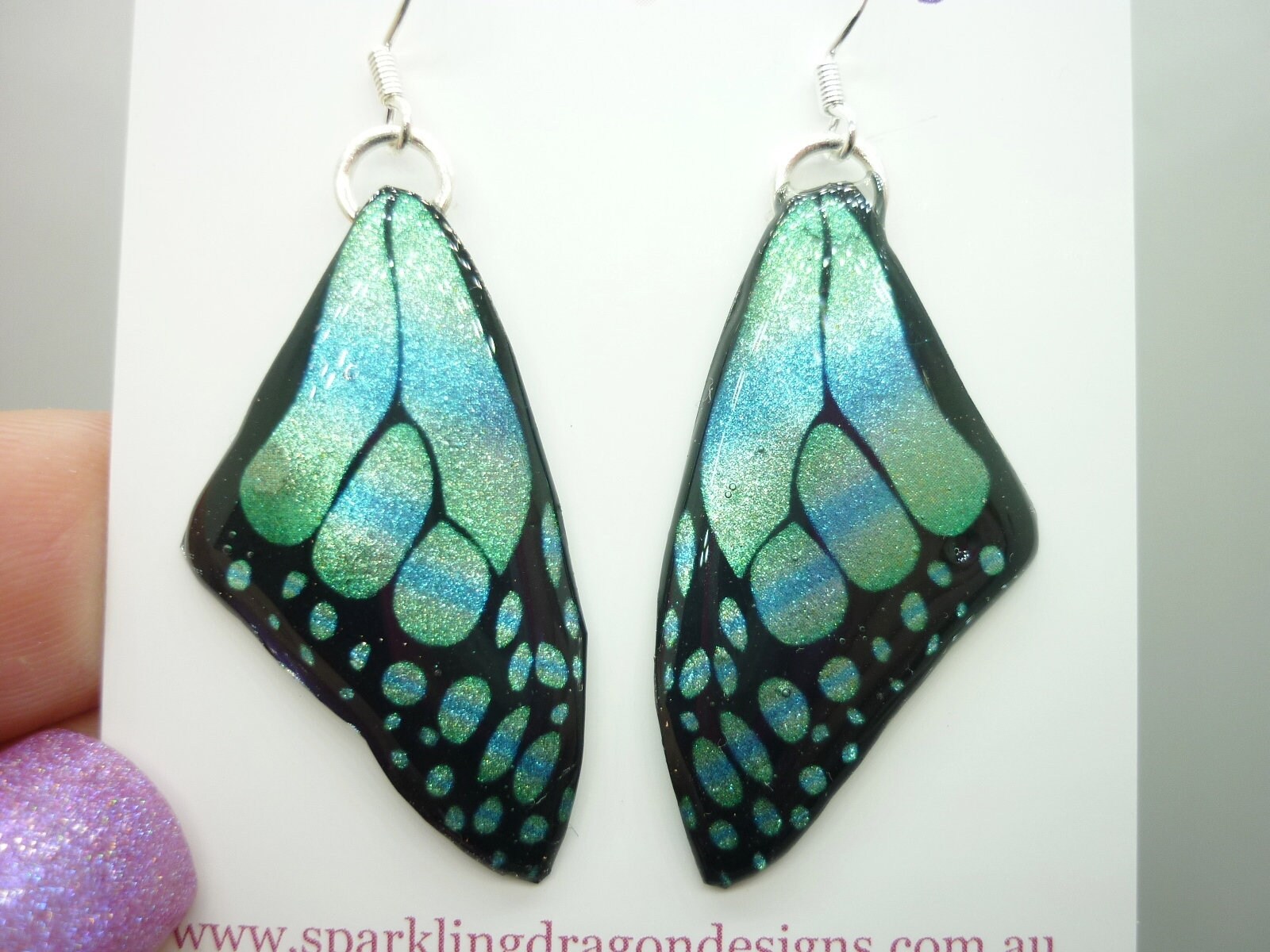 Butterfly Wing Medium Size Earrings Soft Blue Stained Glass- Fairy Jewellery, Fairy Wing Earrings - Sparkly - Resin with Glitter Finish - Image 10
