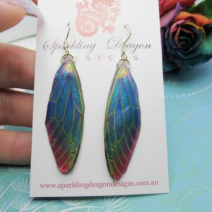 Butterfly Wing Blue & Red, Green Lines Earrings - Fairy Jewellery, Fun Gift for her Statement Present Sparkly - Resin with Glitter Finish