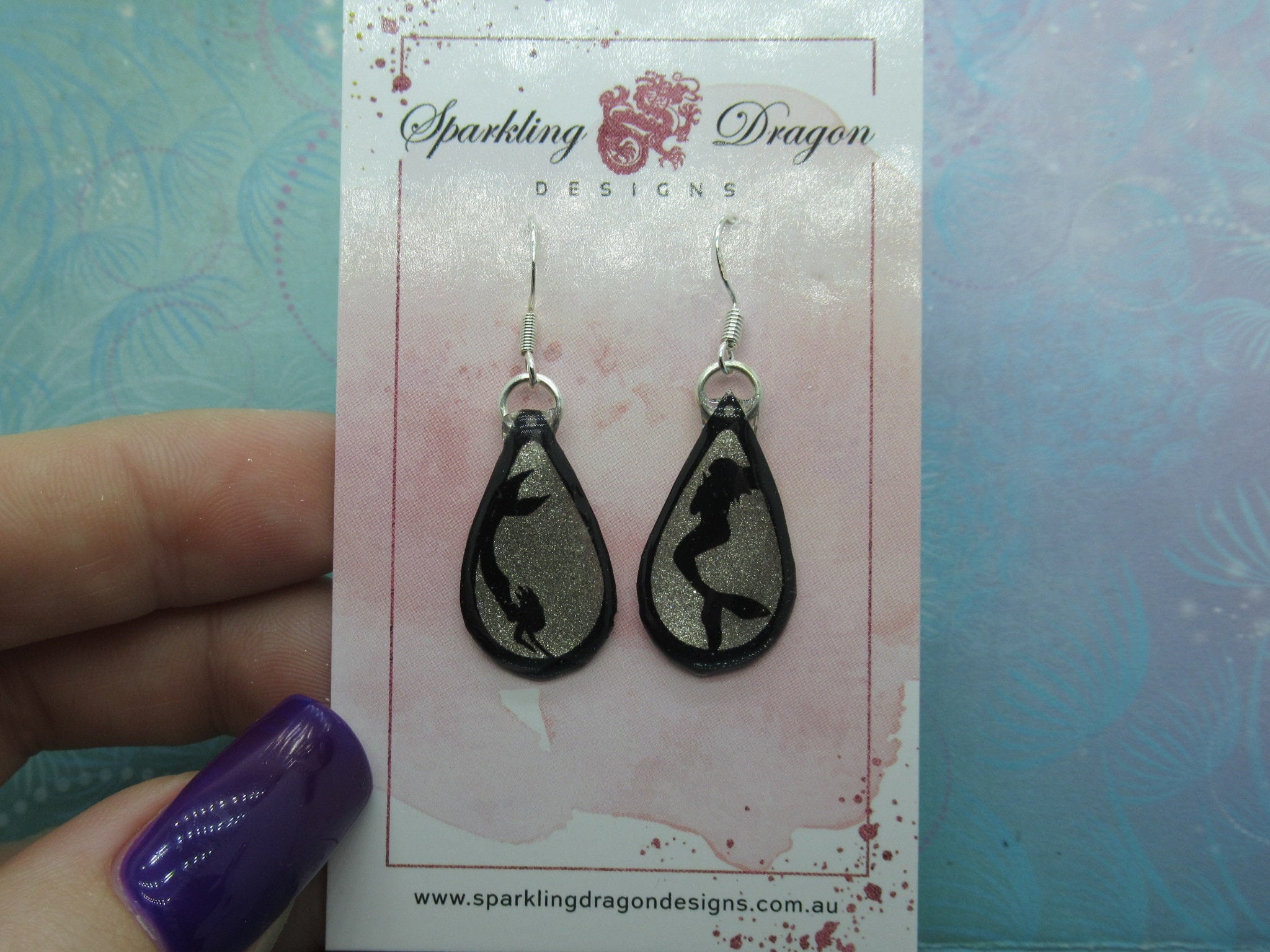 Rain Drop Mermaid Earrings - New Age Boho gift - Sparkling Silver in Resin with Glitter Finish - Image 2