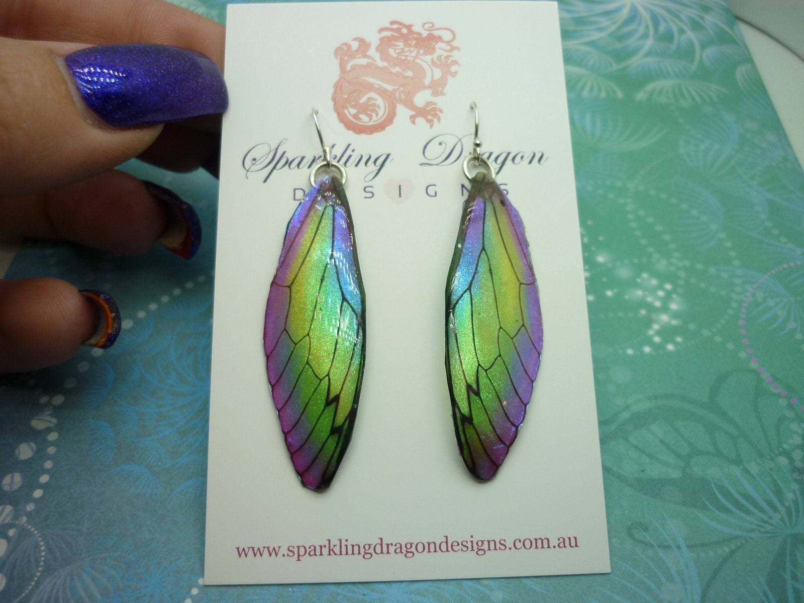 Butterfly Wing Greeny Yellow & Purple Earrings - Fairy Wing Earrings, Fun Gift for her Statement Present - Resin with Glitter Finish