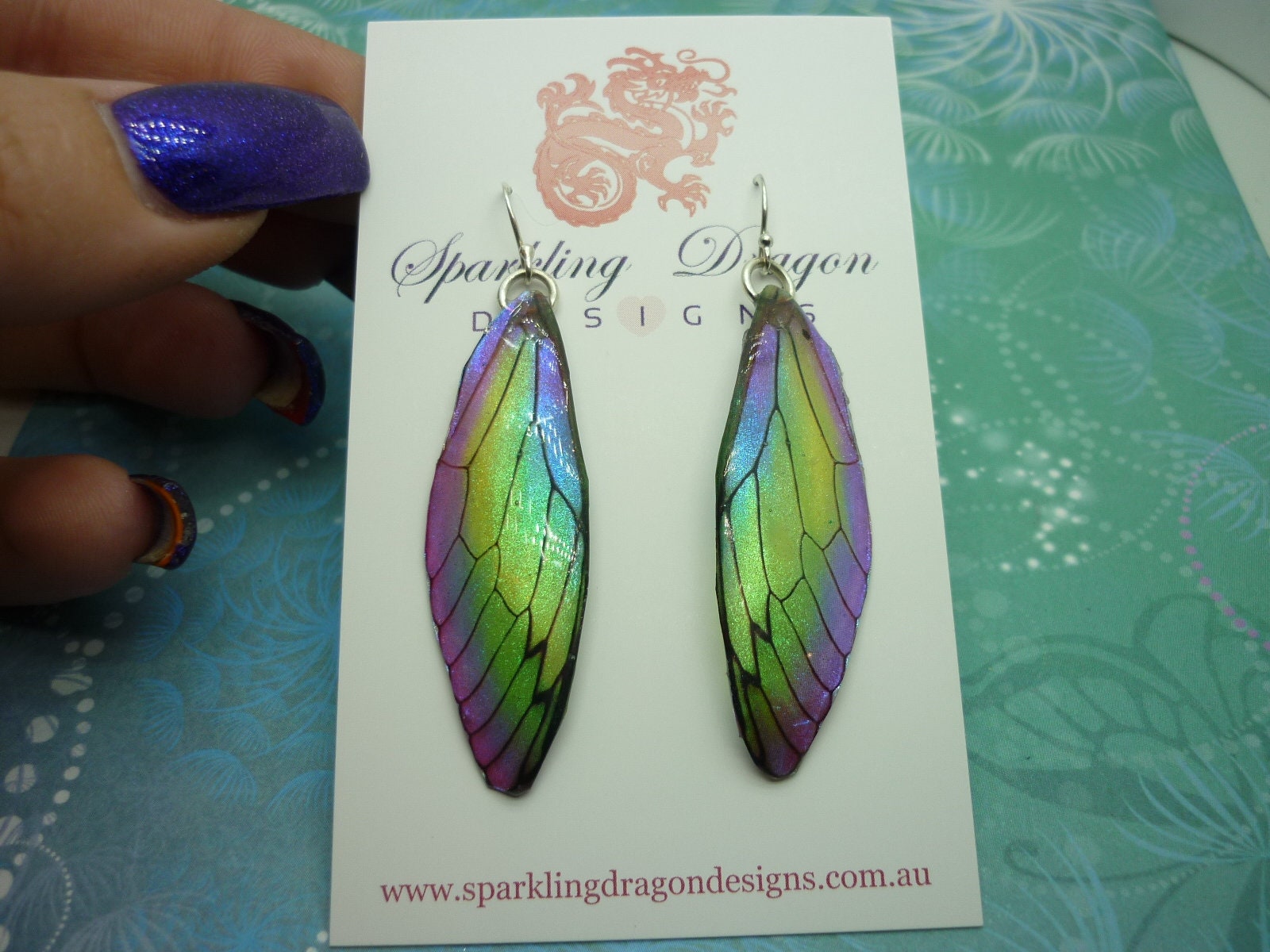 Butterfly Wing Greeny Yellow & Purple Earrings - Fairy Wing Earrings, Fun Gift for her Statement Present - Resin with Glitter Finish - Image 2