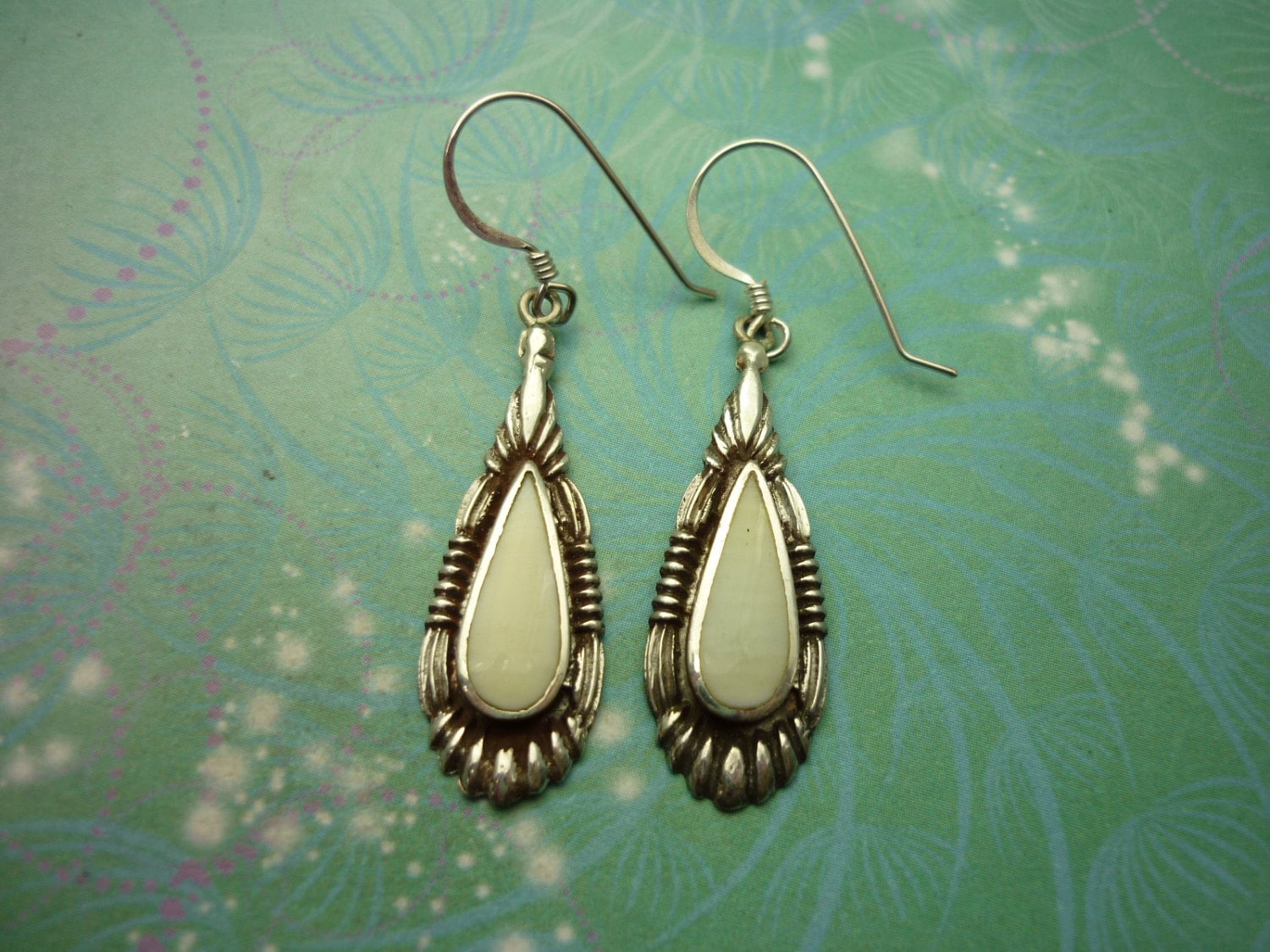 Sterling Silver Earrings, Vintage Hallmarked 925 Shell White Stone Jewelry, Unworn Gift for Her, Wedding, Boho Style, Unique