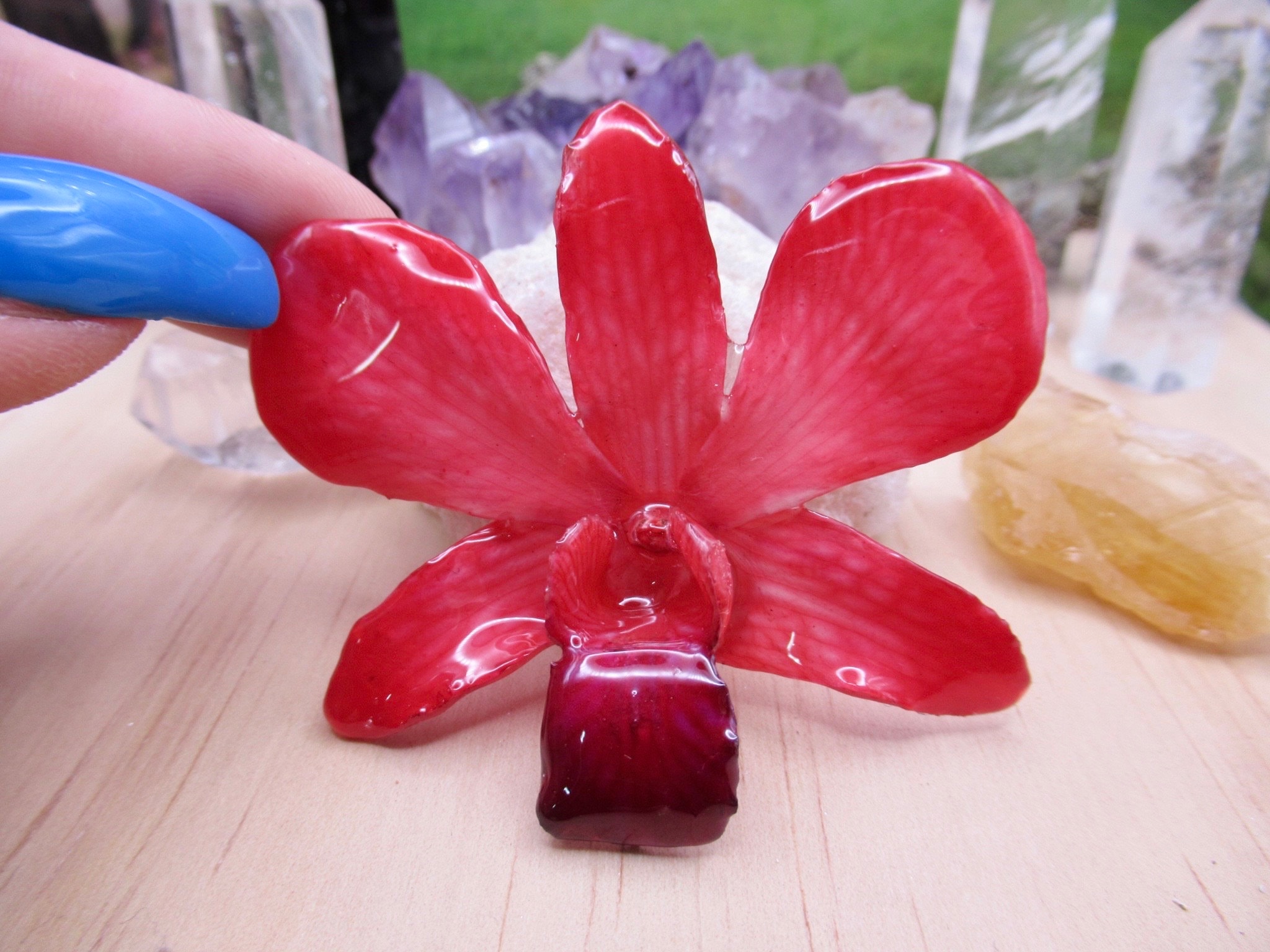 Real Orchid Flower Necklace - Vibrant Red-Pink. This is a REAL Orchid flower which has been preserved in resin making a unique necklace - Image 2