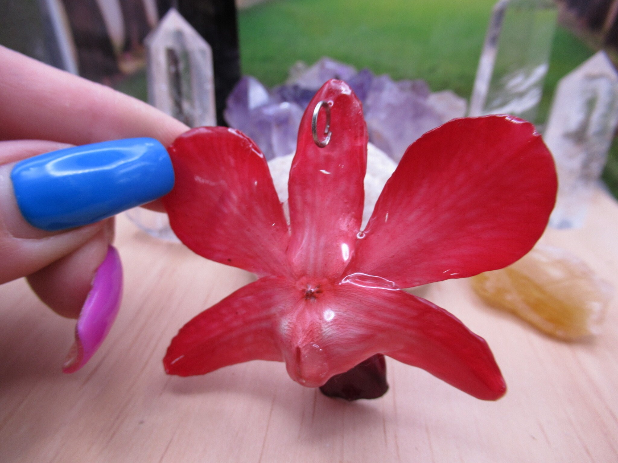 Real Orchid Flower Necklace - Vibrant Red-Pink. This is a REAL Orchid flower which has been preserved in resin making a unique necklace - Image 3