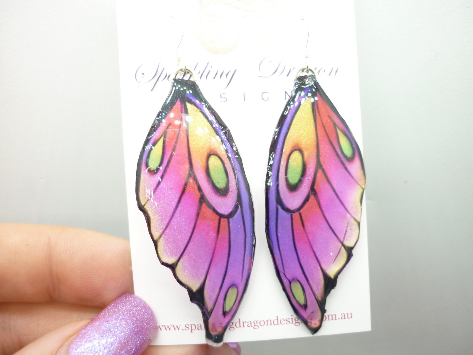 Butterfly Wing Earrings Soft Pink Yellow - Fairy Jewellery, Fun Gift for her Sparkly - Rainbow Resin with Glitter Finish - Image 2