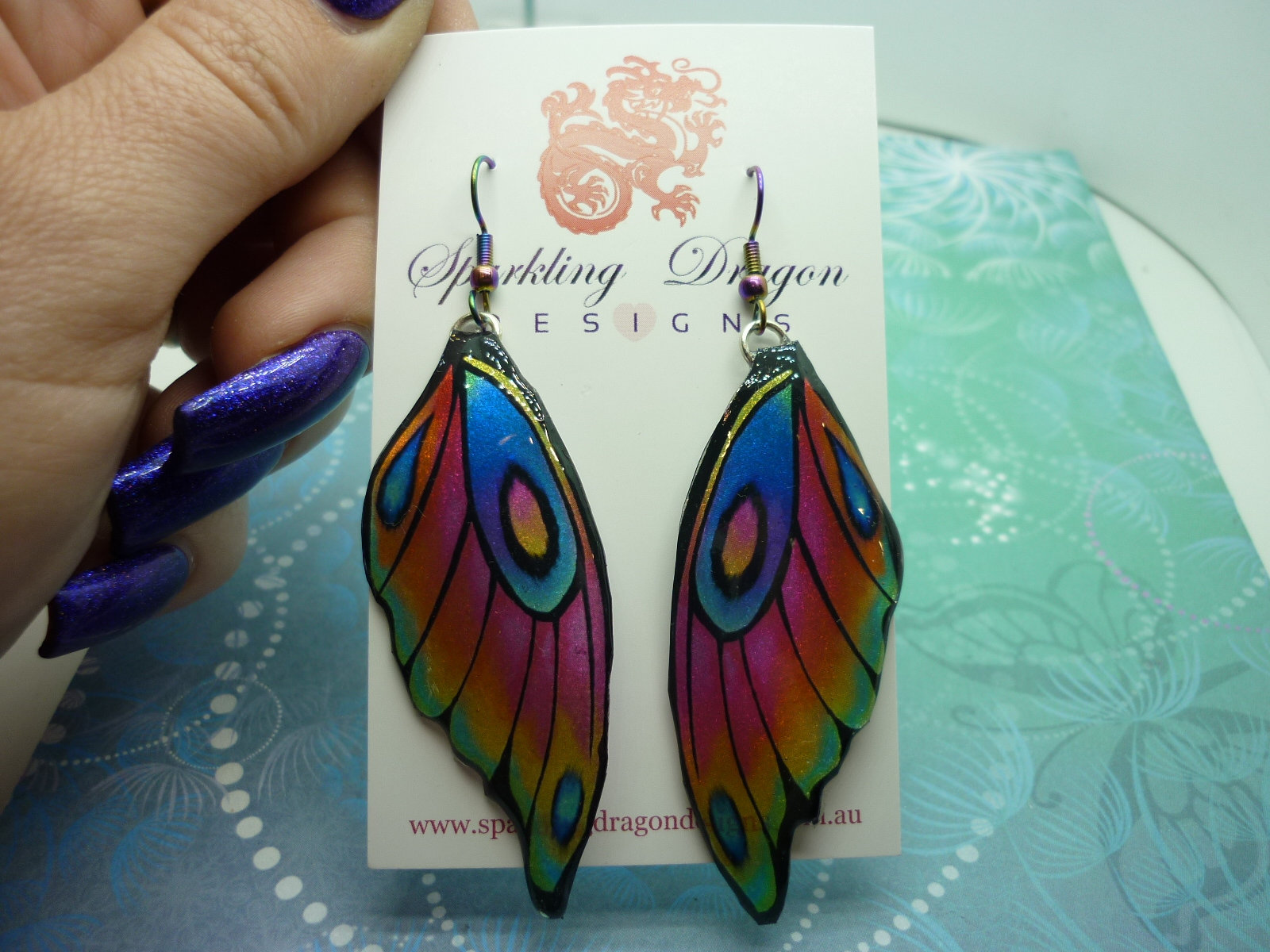 Butterfly Wing Earrings - Fairy Jewellery, Fun Gift for her Fairy Wing Earrings - Sparkly - Rainbow Resin with Glitter Finish - Image 2