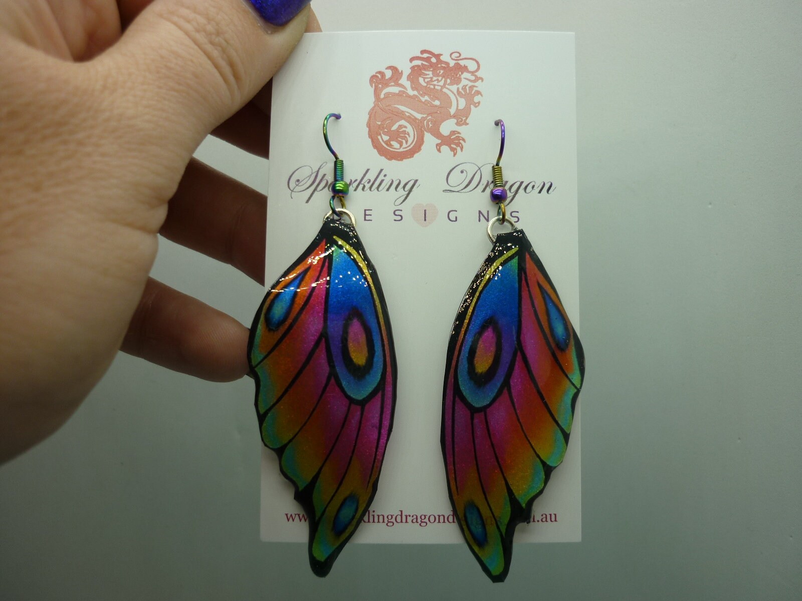 Butterfly Wing Earrings - Fairy Jewellery, Fun Gift for her Fairy Wing Earrings - Sparkly - Rainbow Resin with Glitter Finish - Image 4