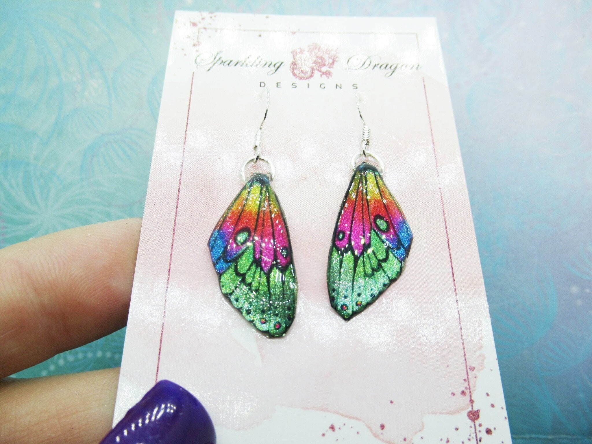 Butterfly Earrings Rainbow, Green to Yellow - Fairy Jewellery, Fun Gift for her Fairy Wing Earrings - Sparkly - Resin with Glitter Finish