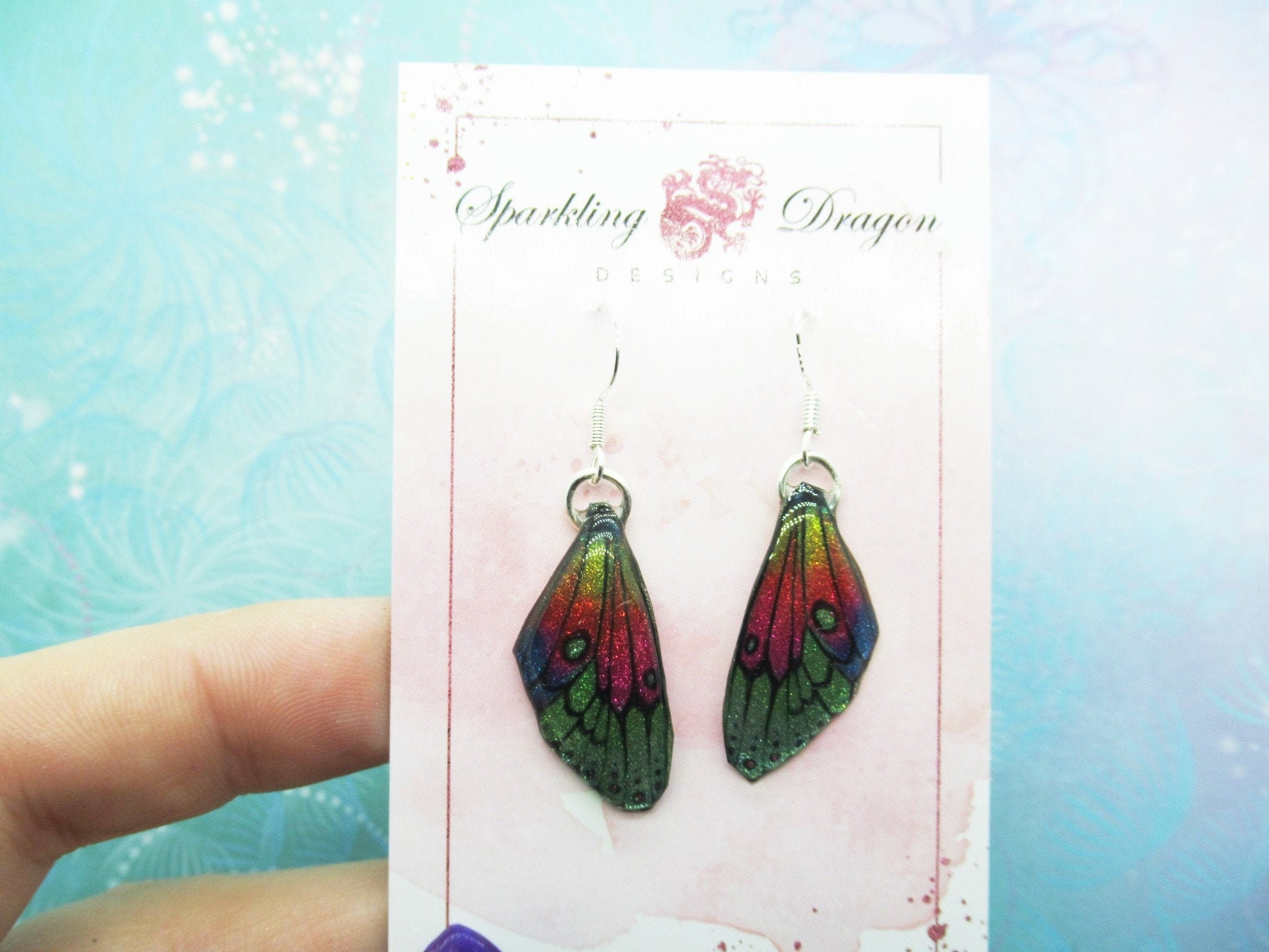 Butterfly Earrings Rainbow, Green to Yellow - Fairy Jewellery, Fun Gift for her Fairy Wing Earrings - Sparkly - Resin with Glitter Finish - Image 2