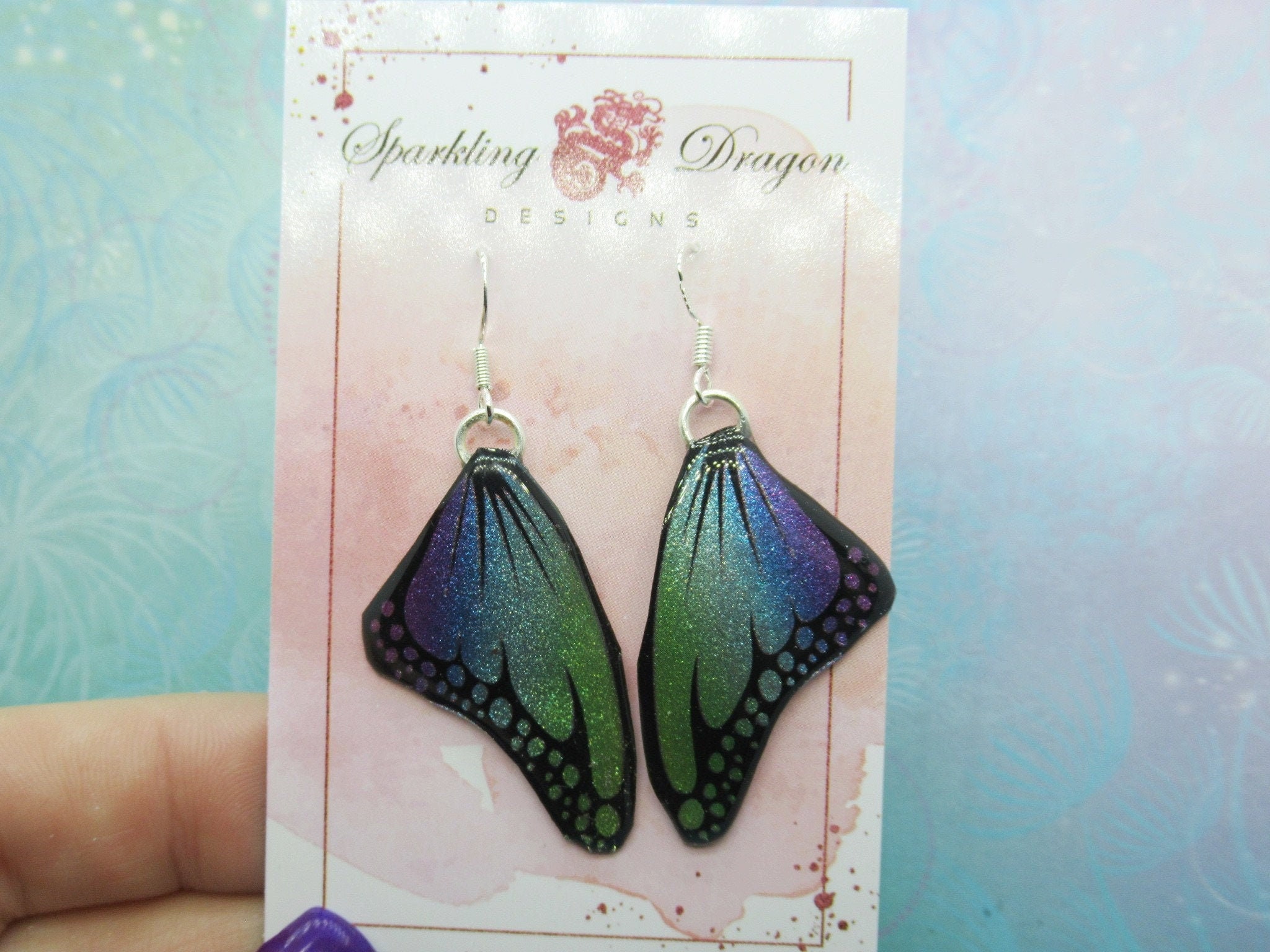 Butterfly Earrings Blue Evening Mist Small Spots - Fairy Jewellery Fun Gift for her Statement Present Sparkly - Resin with Glitter Finish - Image 2