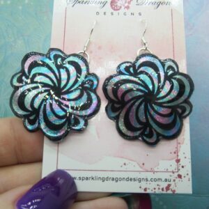 Pale Blue and Pink Swirling Flower Earrings - New Age Boho gift - Resin with Glitter Finish, Gift for Mum, Teacher Gift, Birthday Present