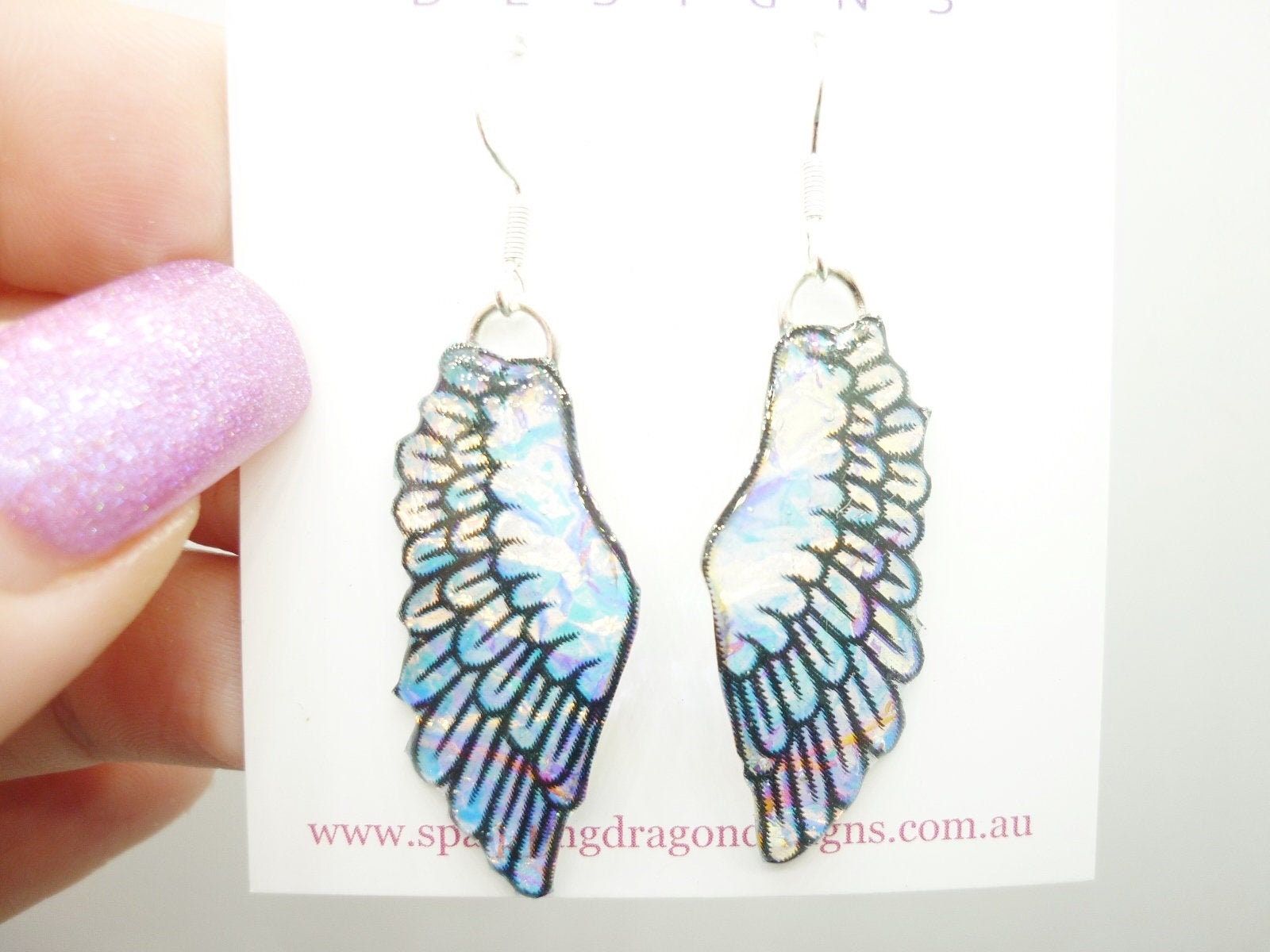 Sparkling Angel Wing Earrings, Blue and Gold with a Hint of Pink - New Age - gift - Resin with Glitter Finish - Image 3