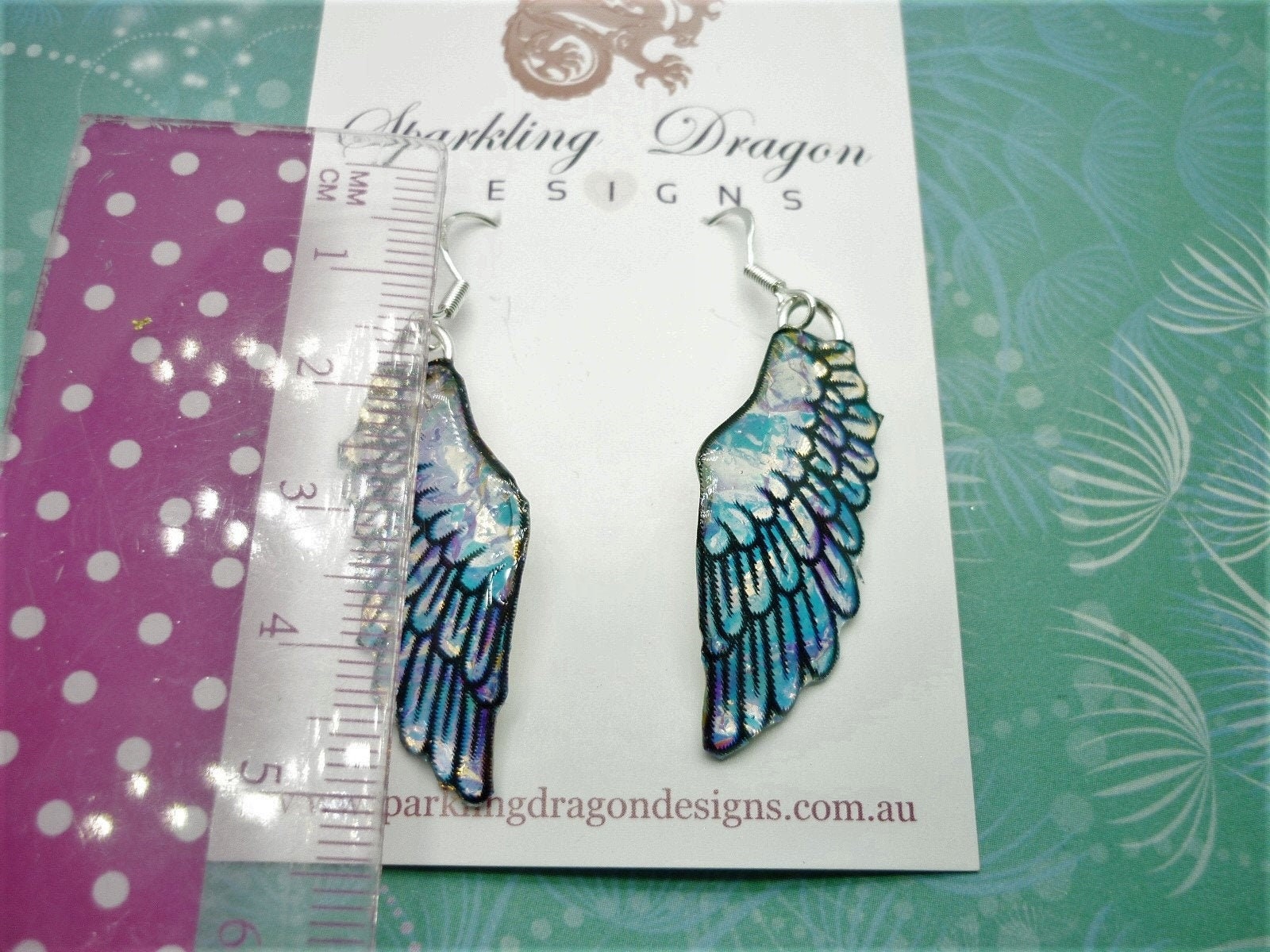 Sparkling Angel Wing Earrings, Blue and Gold with a Hint of Pink - New Age - gift - Resin with Glitter Finish - Image 4