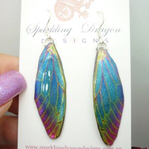 Butterfly Wing Blue & Red, Green Lines Earrings - Fairy Jewellery, Fun Gift for her Statement Present Sparkly - Resin with Glitter Finish