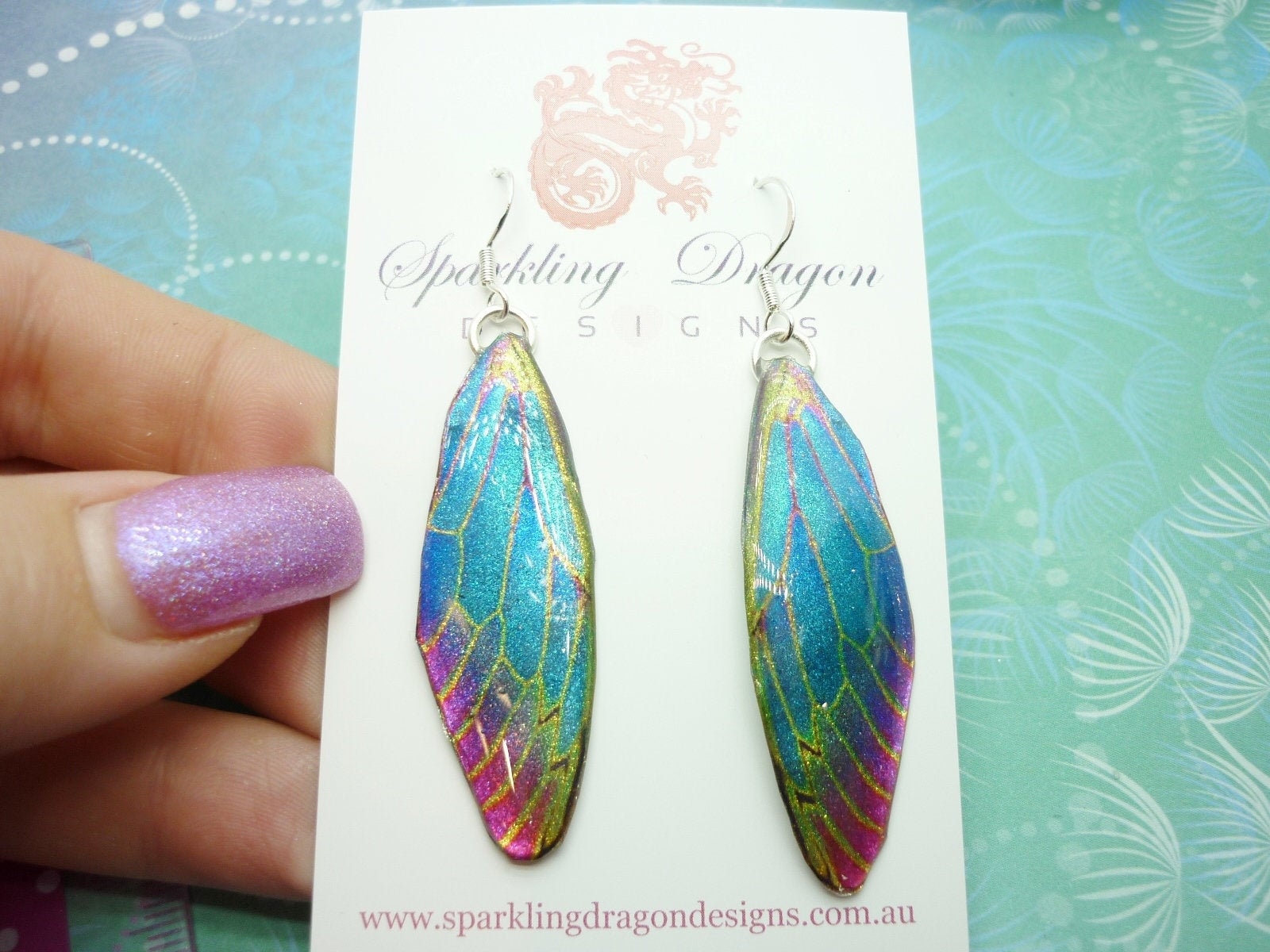 Butterfly Wing Blue & Red, Green Lines Earrings - Fairy Jewellery, Fun Gift for her Statement Present Sparkly - Resin with Glitter Finish - Image 2