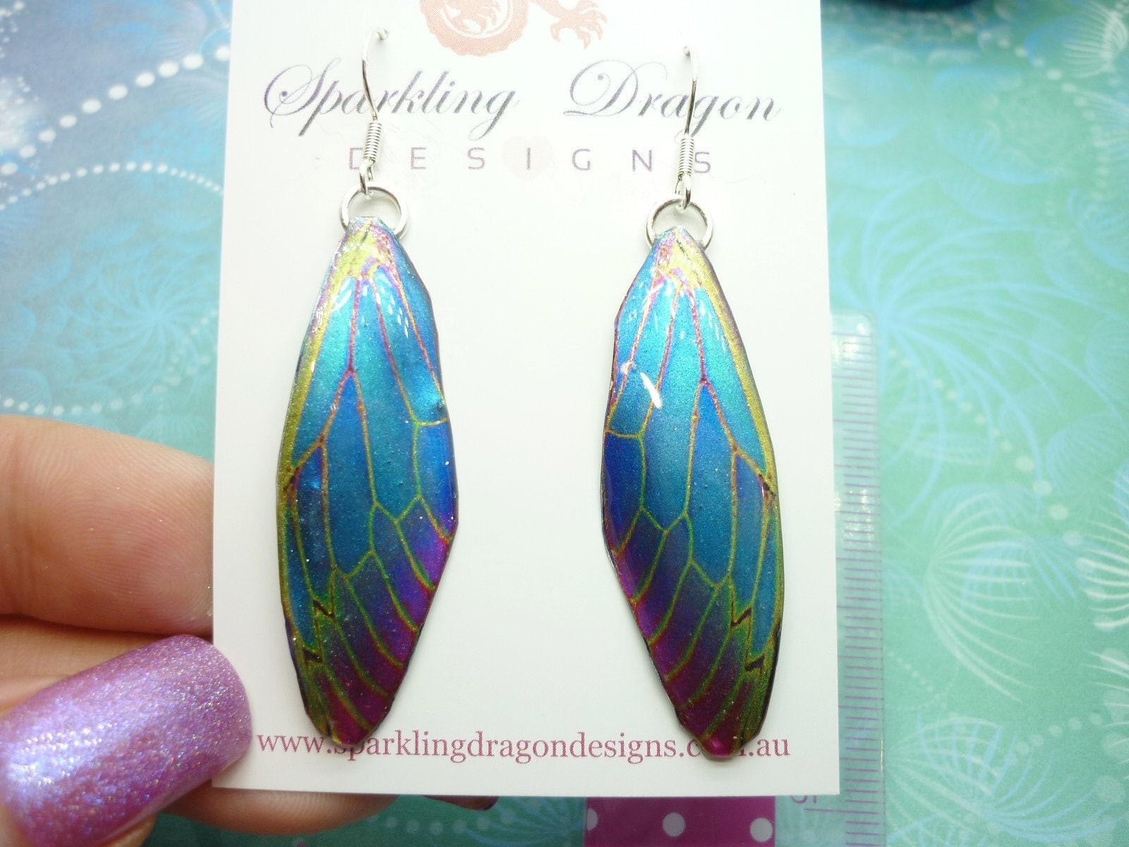 Butterfly Wing Blue & Red, Green Lines Earrings - Fairy Jewellery, Fun Gift for her Statement Present Sparkly - Resin with Glitter Finish - Image 3