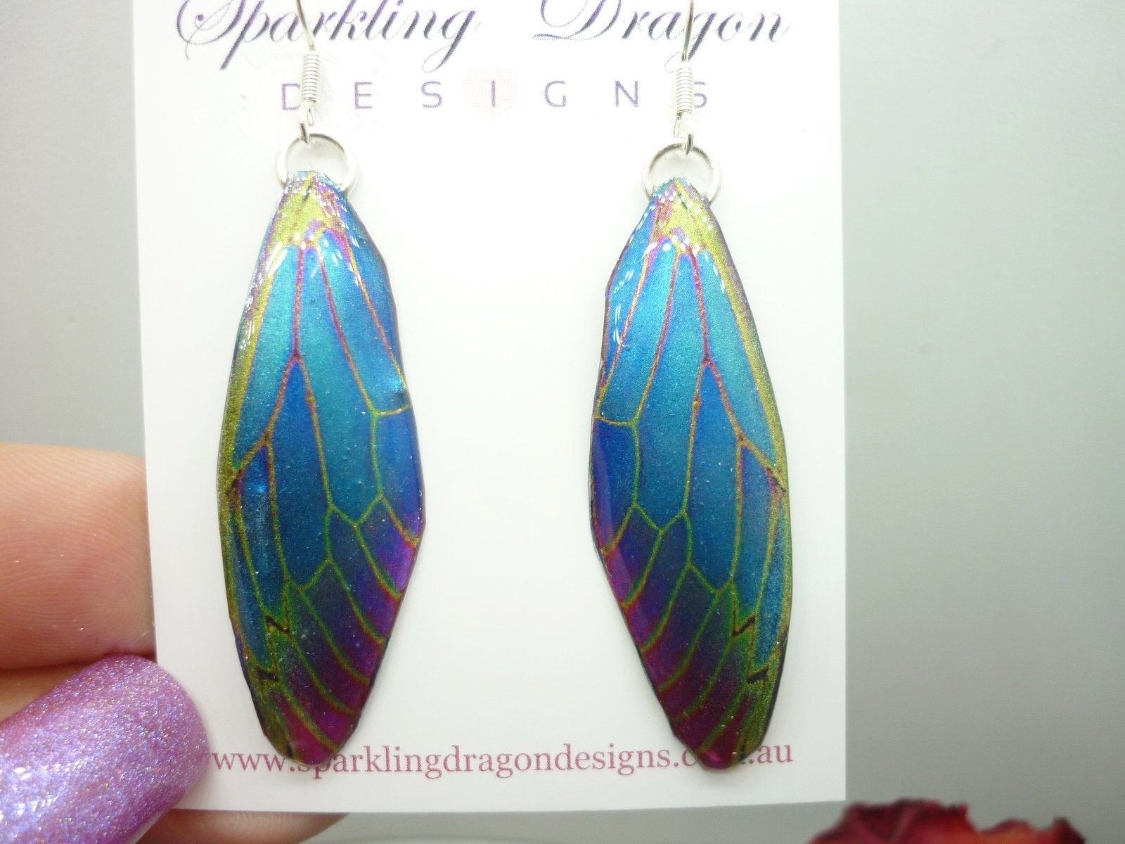 Butterfly Wing Blue & Red, Green Lines Earrings - Fairy Jewellery, Fun Gift for her Statement Present Sparkly - Resin with Glitter Finish - Image 4