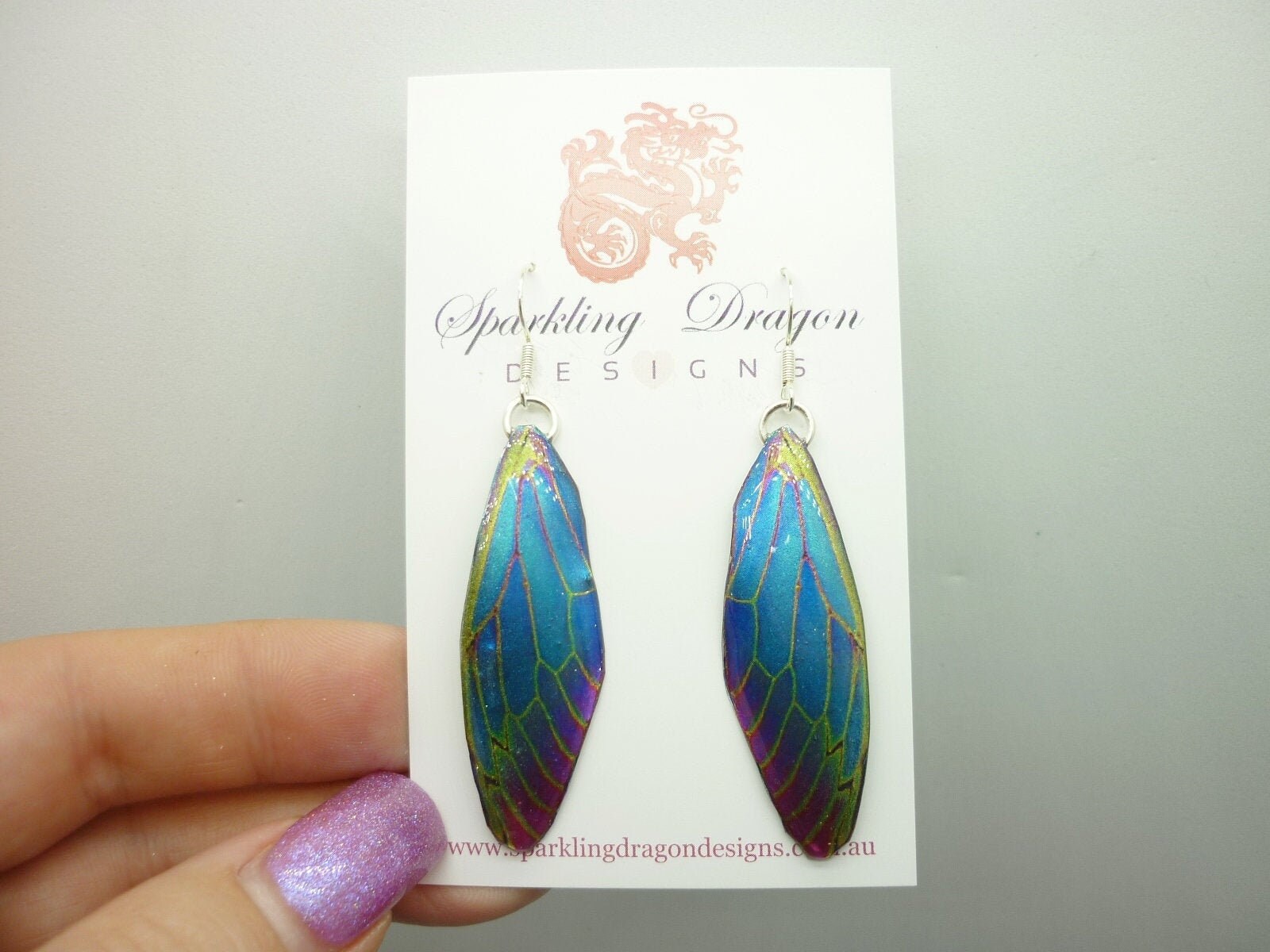 Butterfly Wing Blue & Red, Green Lines Earrings - Fairy Jewellery, Fun Gift for her Statement Present Sparkly - Resin with Glitter Finish - Image 5