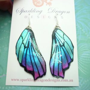 Butterfly Wing Blue & Pink Earrings - Fairy Jewellery, Fun Gift for her Fairy Wing Earrings - Sparkly - Resin with Glitter Finish