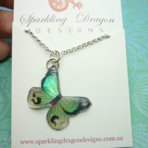 Butterfly Necklace Glittery Clear, Green Lines on Sparkle Silver Plated Chain - Fairy Jewellery, Fun Gift for her Resin with Glitter Finish