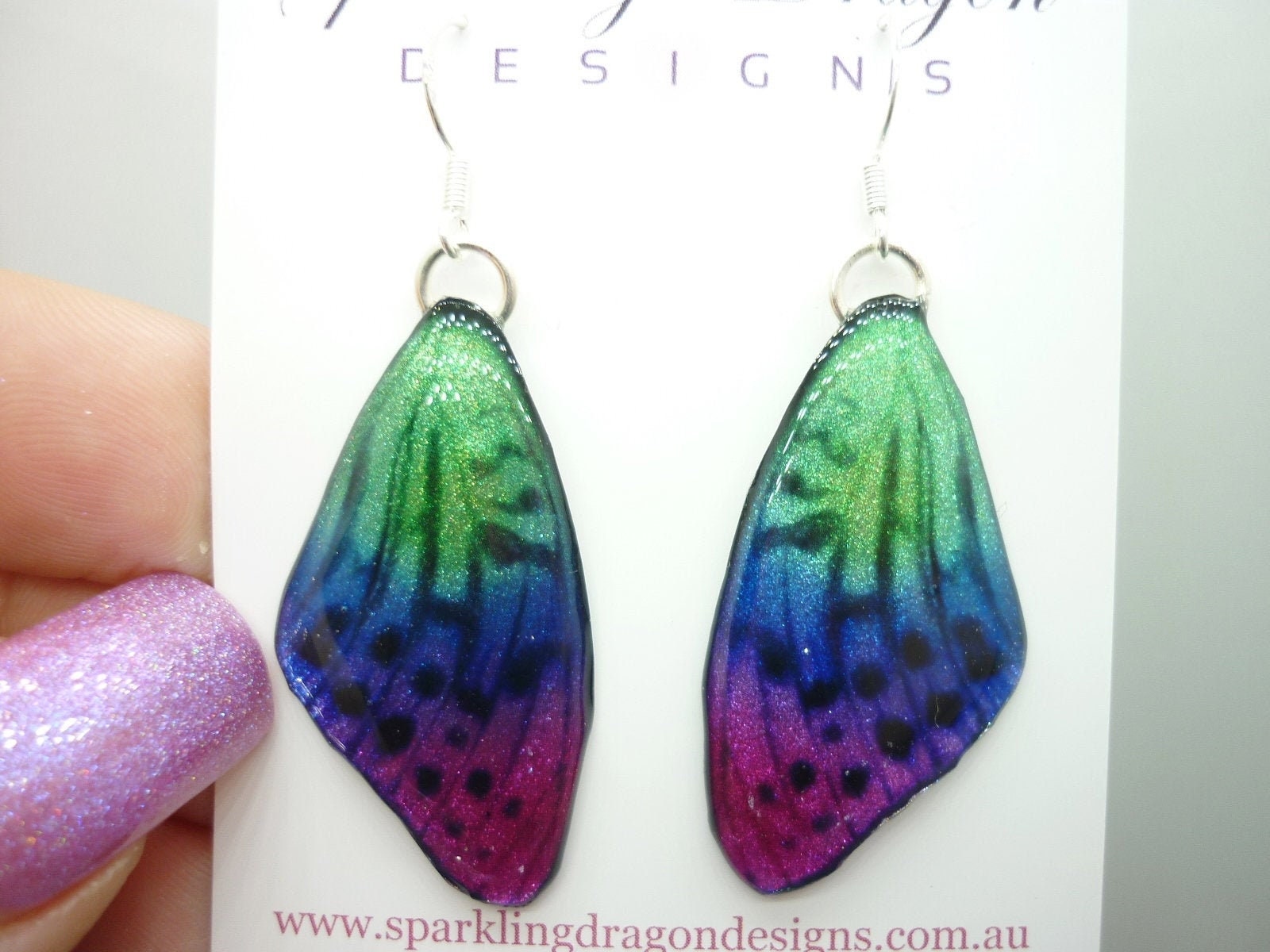 Butterfly Wings Earrings Pink, Purple & Green - Fairy Jewellery, Fun Gift for her Fairy Wing Earrings - Sparkly - Resin with Glitter Finish - Image 2