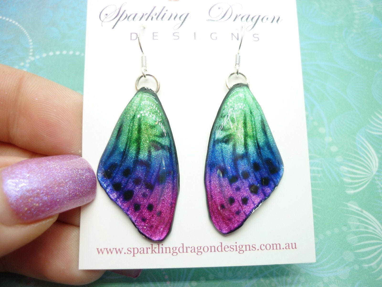 Butterfly Wings Earrings Pink, Purple & Green - Fairy Jewellery, Fun Gift for her Fairy Wing Earrings - Sparkly - Resin with Glitter Finish - Image 3