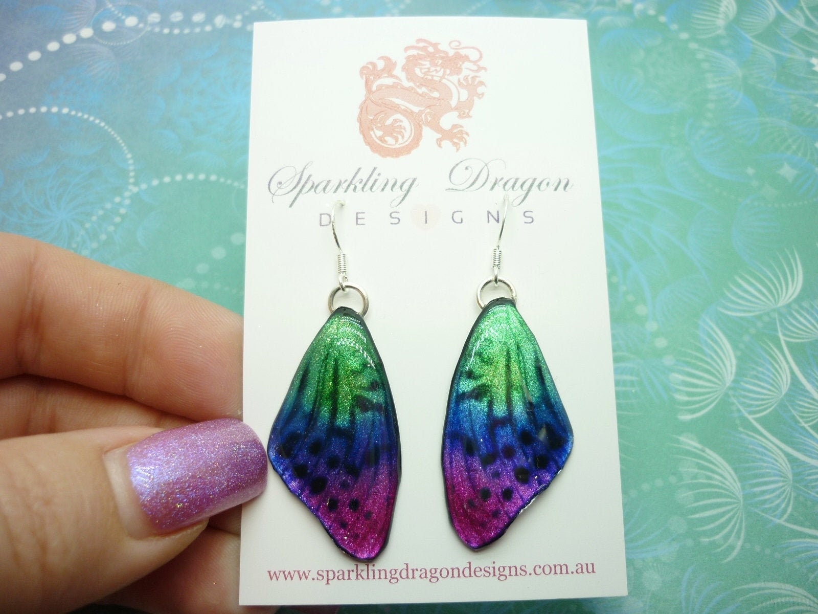 Butterfly Wings Earrings Pink, Purple & Green - Fairy Jewellery, Fun Gift for her Fairy Wing Earrings - Sparkly - Resin with Glitter Finish - Image 4