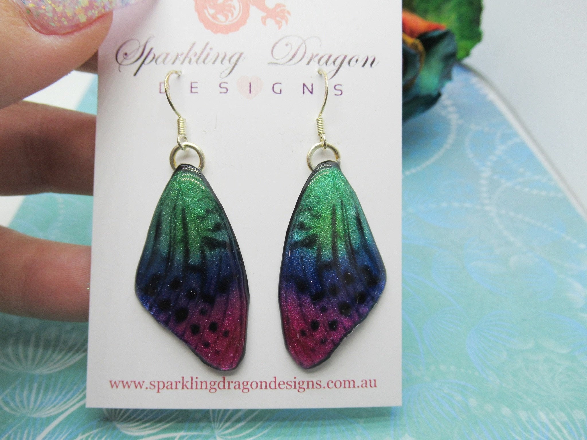 Butterfly Wings Earrings Pink, Purple & Green - Fairy Jewellery, Fun Gift for her Fairy Wing Earrings - Sparkly - Resin with Glitter Finish - Image 8