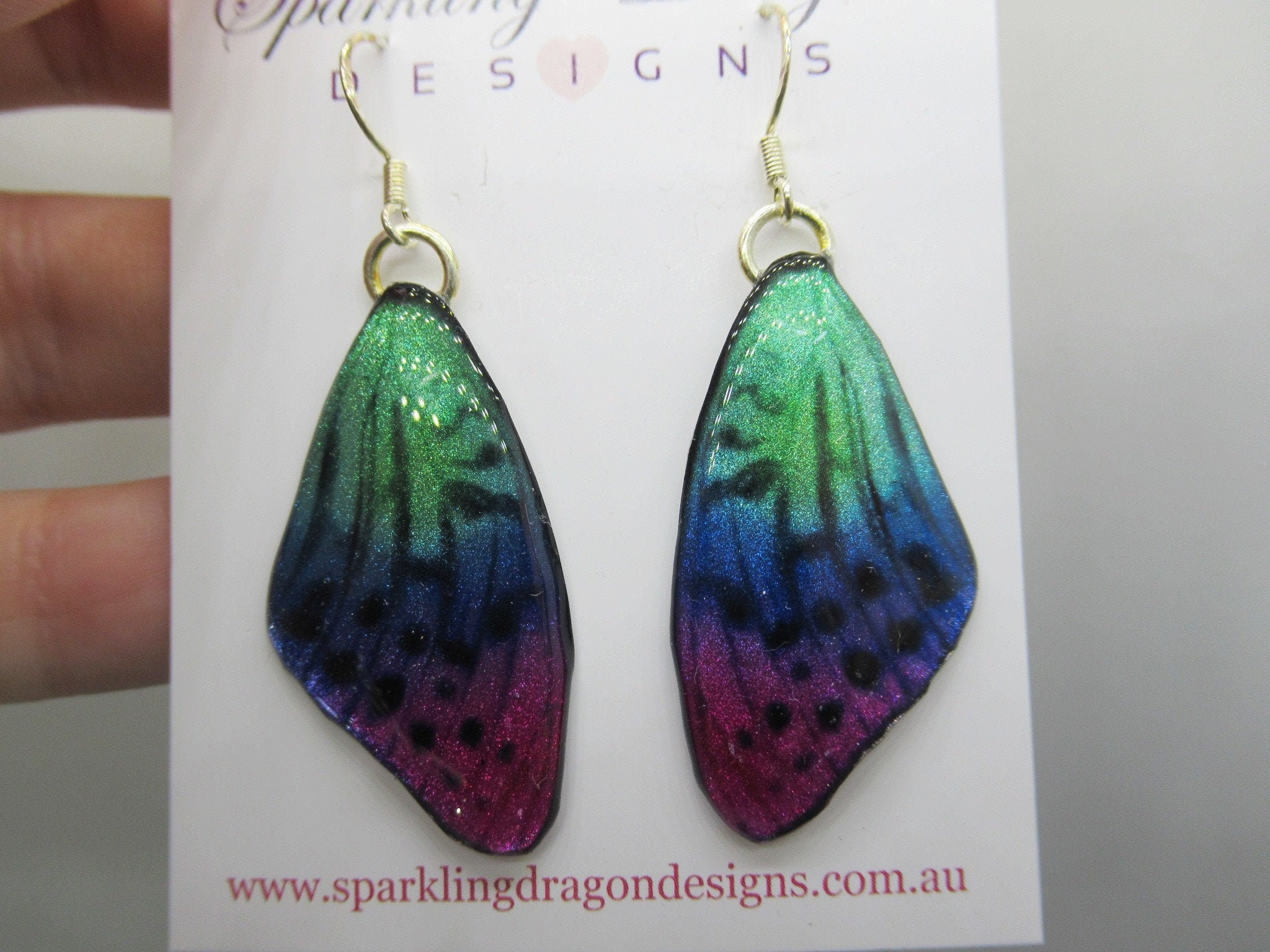 Butterfly Wings Earrings Pink, Purple & Green - Fairy Jewellery, Fun Gift for her Fairy Wing Earrings - Sparkly - Resin with Glitter Finish - Image 10