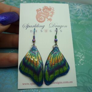 Butterfly Wings Earrings Sparkling Blue & Green - Fairy Jewellery, Fun Gift for her Statement Present Sparkly - Resin with Glitter Finish