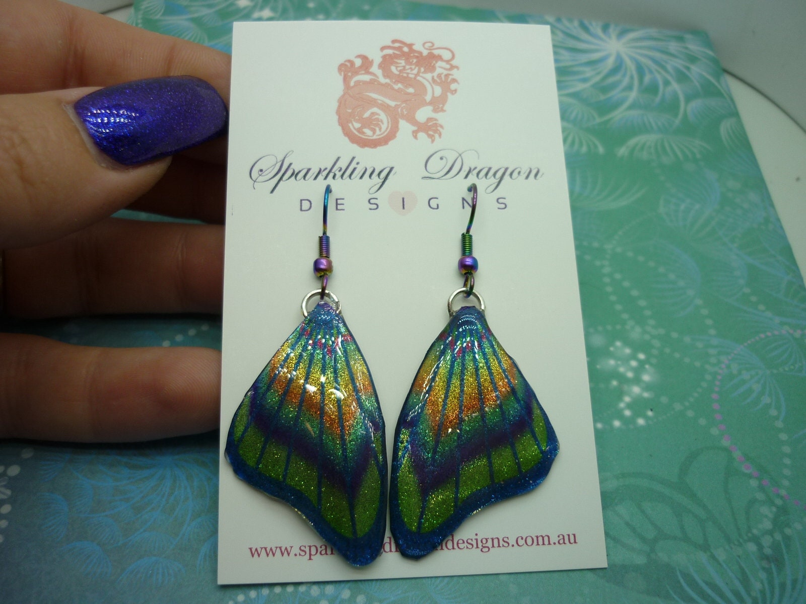 Butterfly Wings Earrings Sparkling Blue & Green - Fairy Jewellery, Fun Gift for her Statement Present Sparkly - Resin with Glitter Finish