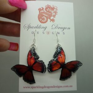 Little Red Butterfly Earrings - Fairy Jewellery, Fun Gift, Fairy Wing Earrings - Sparkly  - Resin with Glitter Finish