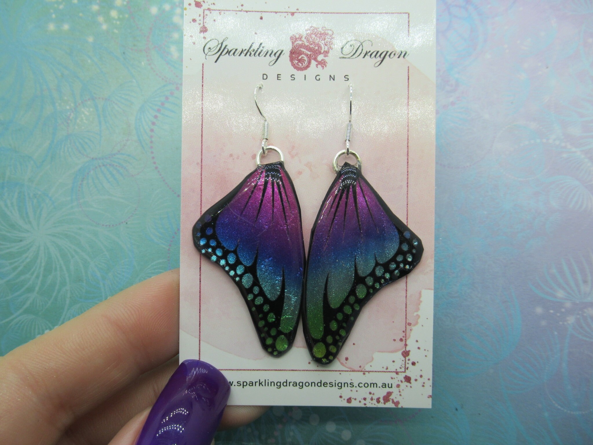 Butterfly Earrings Green to Pink - Fairy Jewellery Fun Gift for Fairy Wing Earrings - Sparkly - Resin with Glitter Finish - Image 3