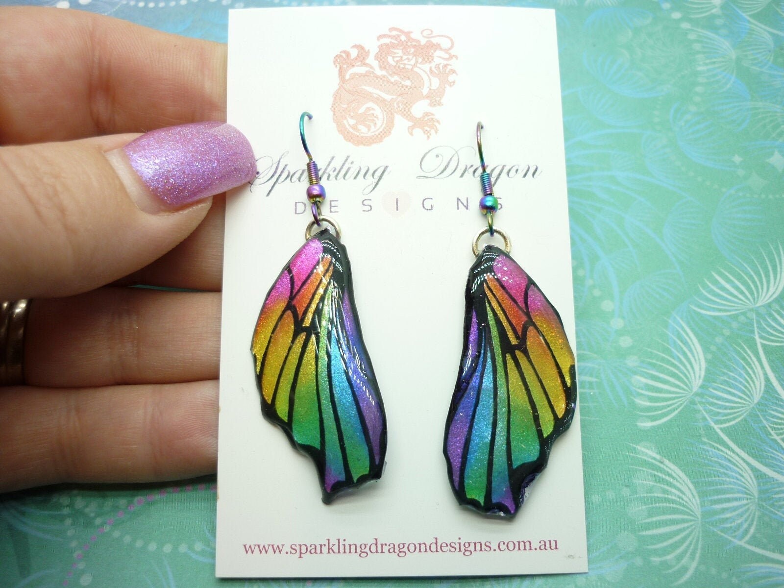 Butterfly Wing Earrings Rainbow - Fairy Jewellery, Fun Gift for her Fairy Wing Earrings - Sparkly - Resin with Glitter Finish - Image 2