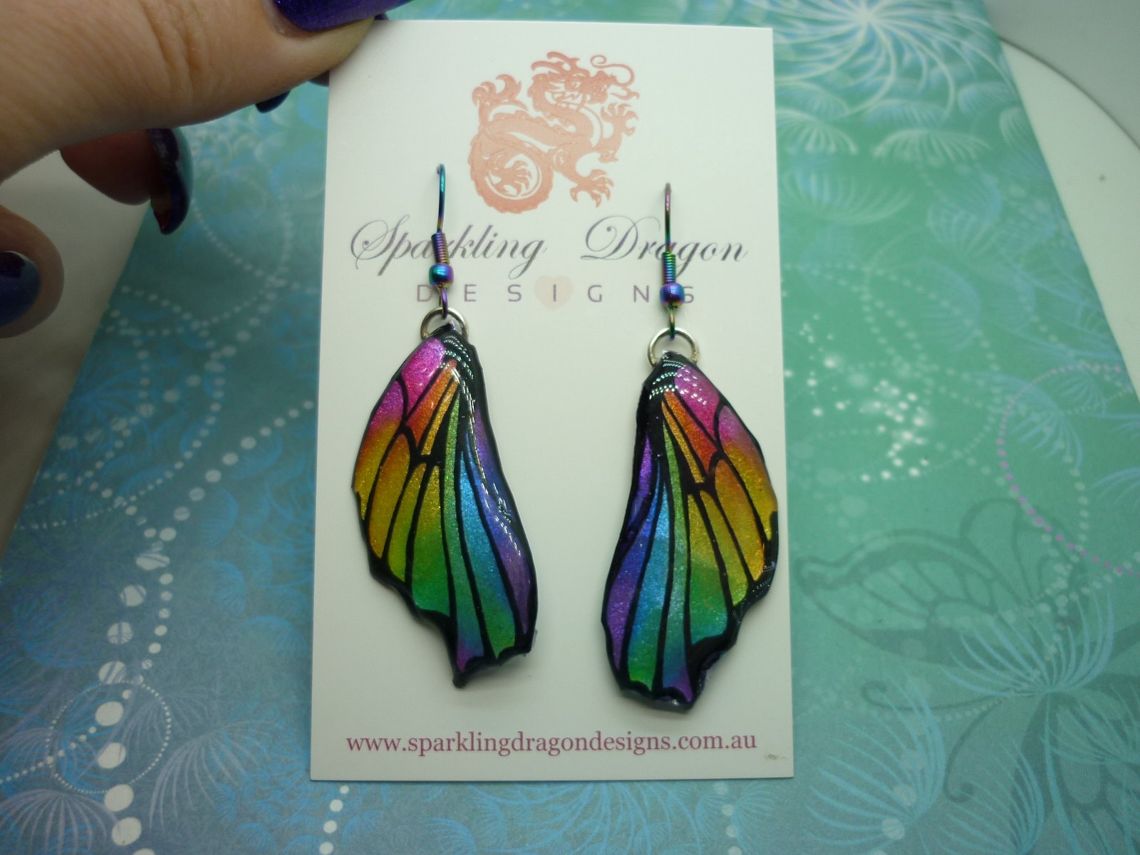 Butterfly Wing Earrings Rainbow - Fairy Jewellery, Fun Gift for her Fairy Wing Earrings - Sparkly - Resin with Glitter Finish - Image 3