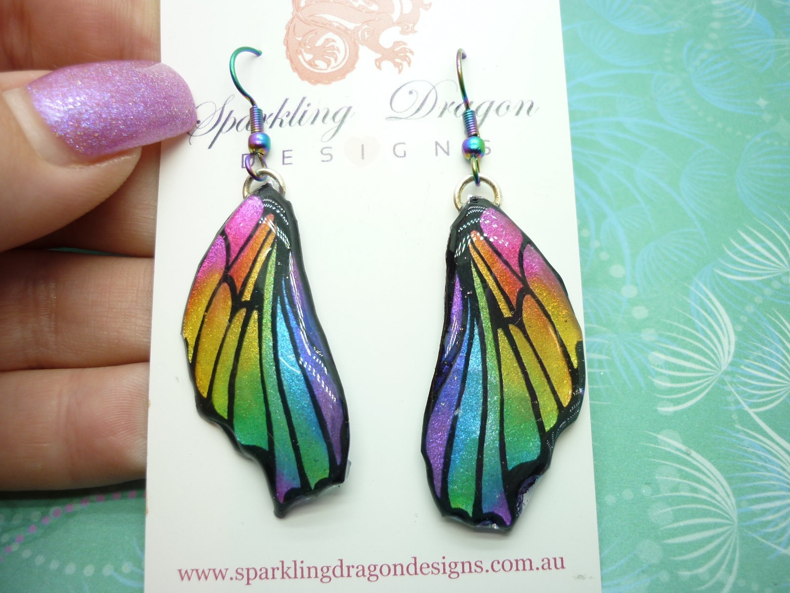 Butterfly Wing Earrings Rainbow - Fairy Jewellery, Fun Gift for her Fairy Wing Earrings - Sparkly - Resin with Glitter Finish - Image 4