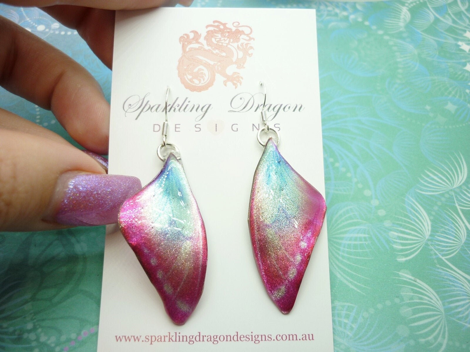 Butterfly Earrings Misty Morning Pink & Blue - Fairy Jewellery, Fun Gift for her Fairy Wing Earrings - Sparkly - Resin with Glitter Finish - Image 2